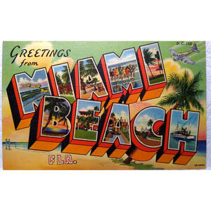 Greetings From Miami Beach Florida Large Letter Linen Postcard Curt Teich Plane